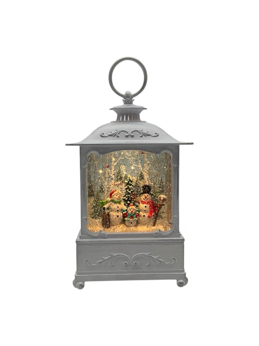 Lighted Glitter White Lantern with Snowman Family and Tree Inside Christmas Home